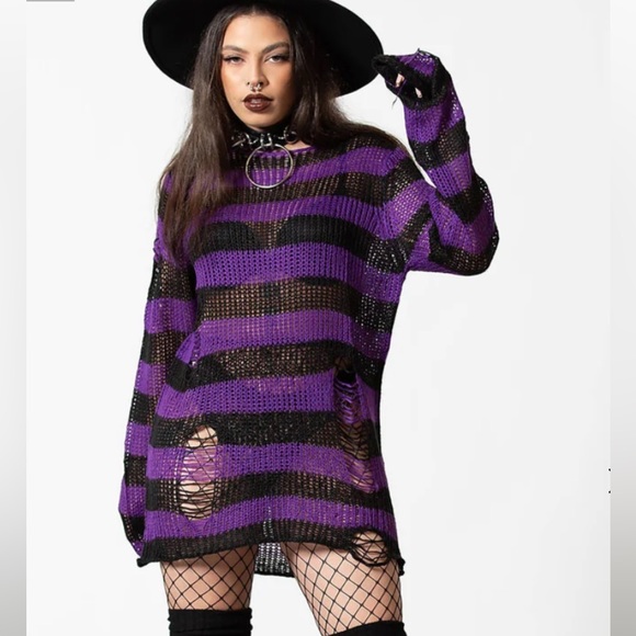 Killstar Sweaters - NWT Killstar Purple and Black striped distressed sweater